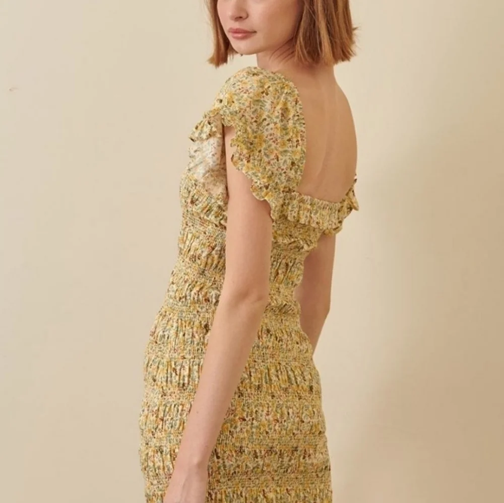STORIA smocked floral ruffle mini dress yellow NWT